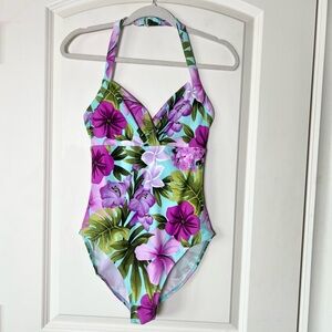Beach Bay Turquoise and purple tropical floral Swimsuit Size 12